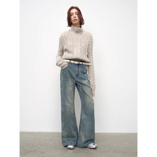 "Denim Shadow"retro washed printed layered casual slimming cotton bootcut jeans-0