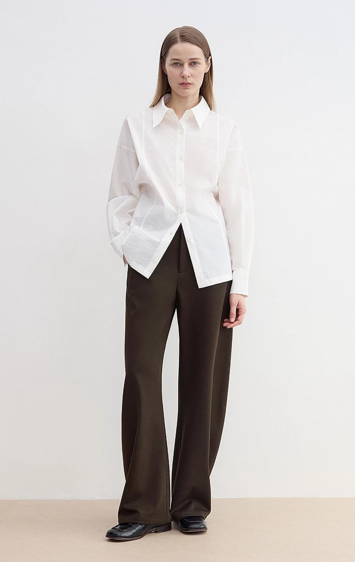 "Nostalgic Stroll" Wool Blended High Waist Curved Scimitar Casual Pants for Women-0