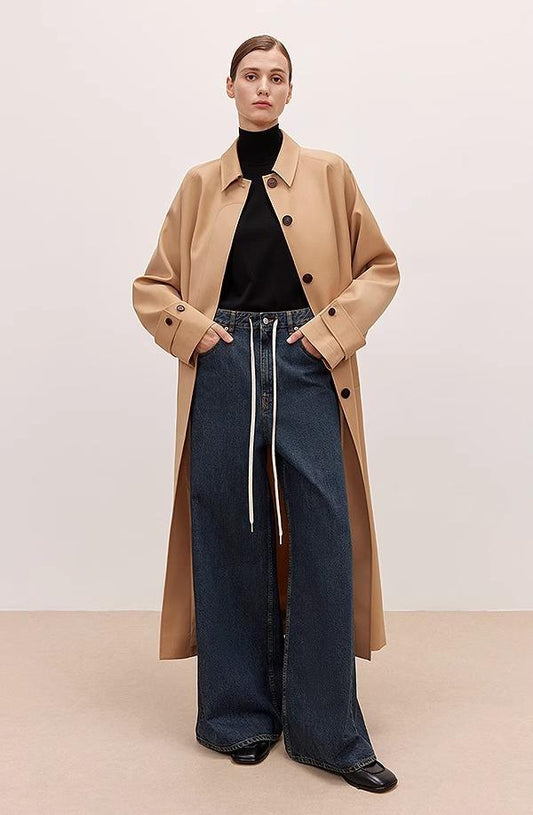 "Retro Blues" fashionable high waist pleated design washed casual wide leg jeans for women-0