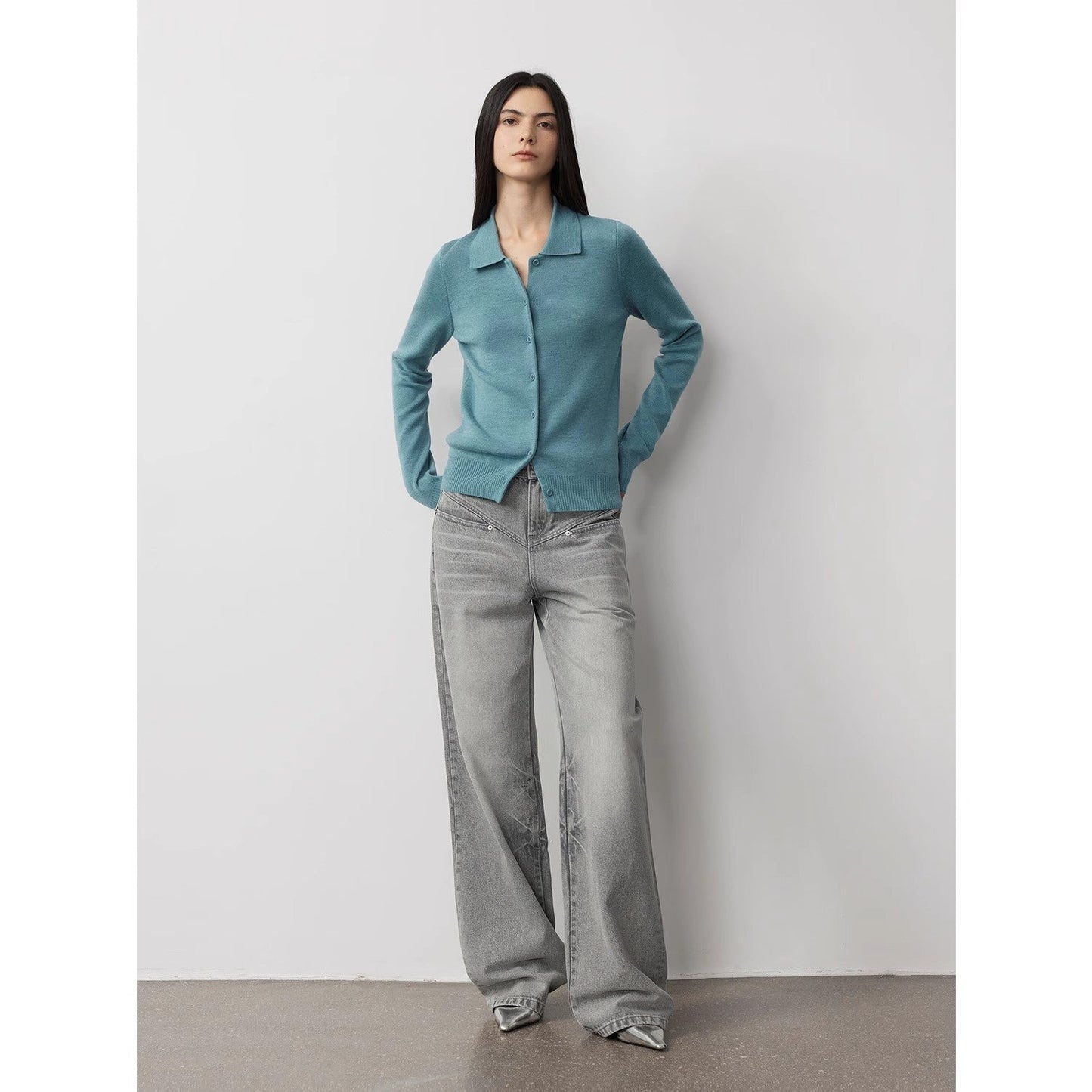 Vintage Heavy Wash Distressed Marble Pattern V-Shaped Segmented Slimming Textured Straight-Leg Denim Trousers-0