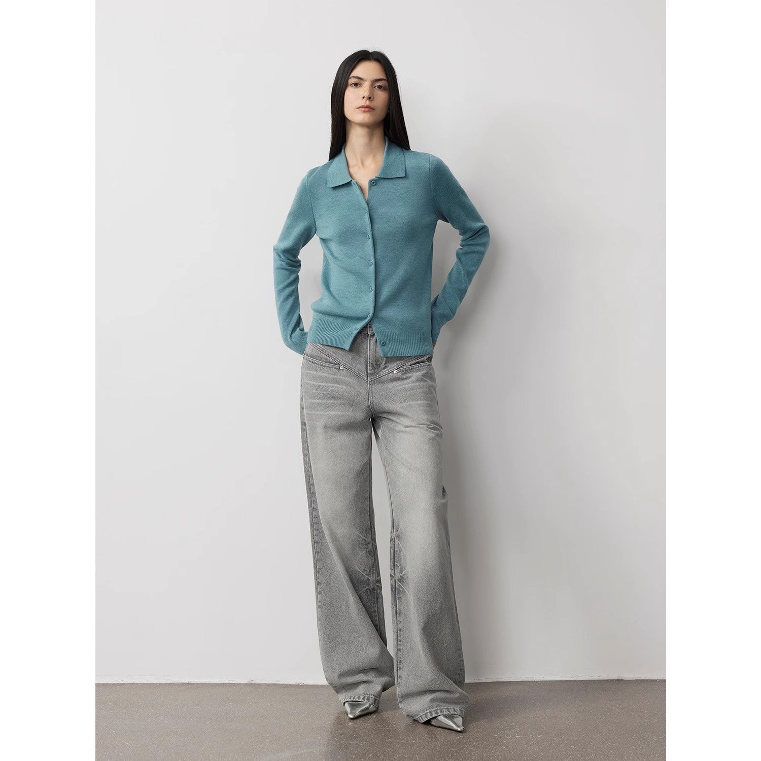 Vintage Heavy Wash Distressed Marble Pattern V-Shaped Segmented Slimming Textured Straight-Leg Denim Trousers-0