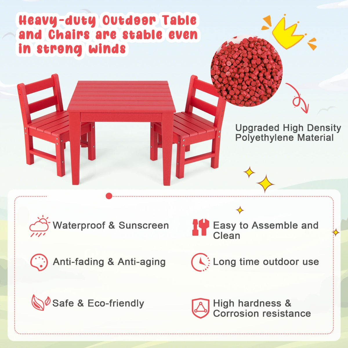 NNECW 3-Piece All-Weather Kids Table &amp; Chairs Set for Home &amp; Backyard-Red-4