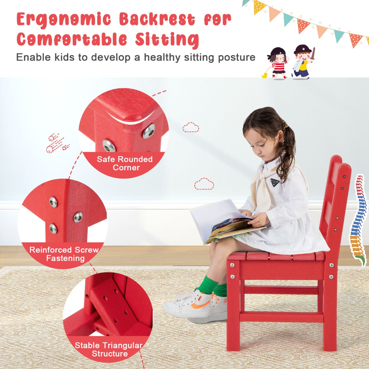 NNECW 3-Piece All-Weather Kids Table &amp; Chairs Set for Home &amp; Backyard-Red-2