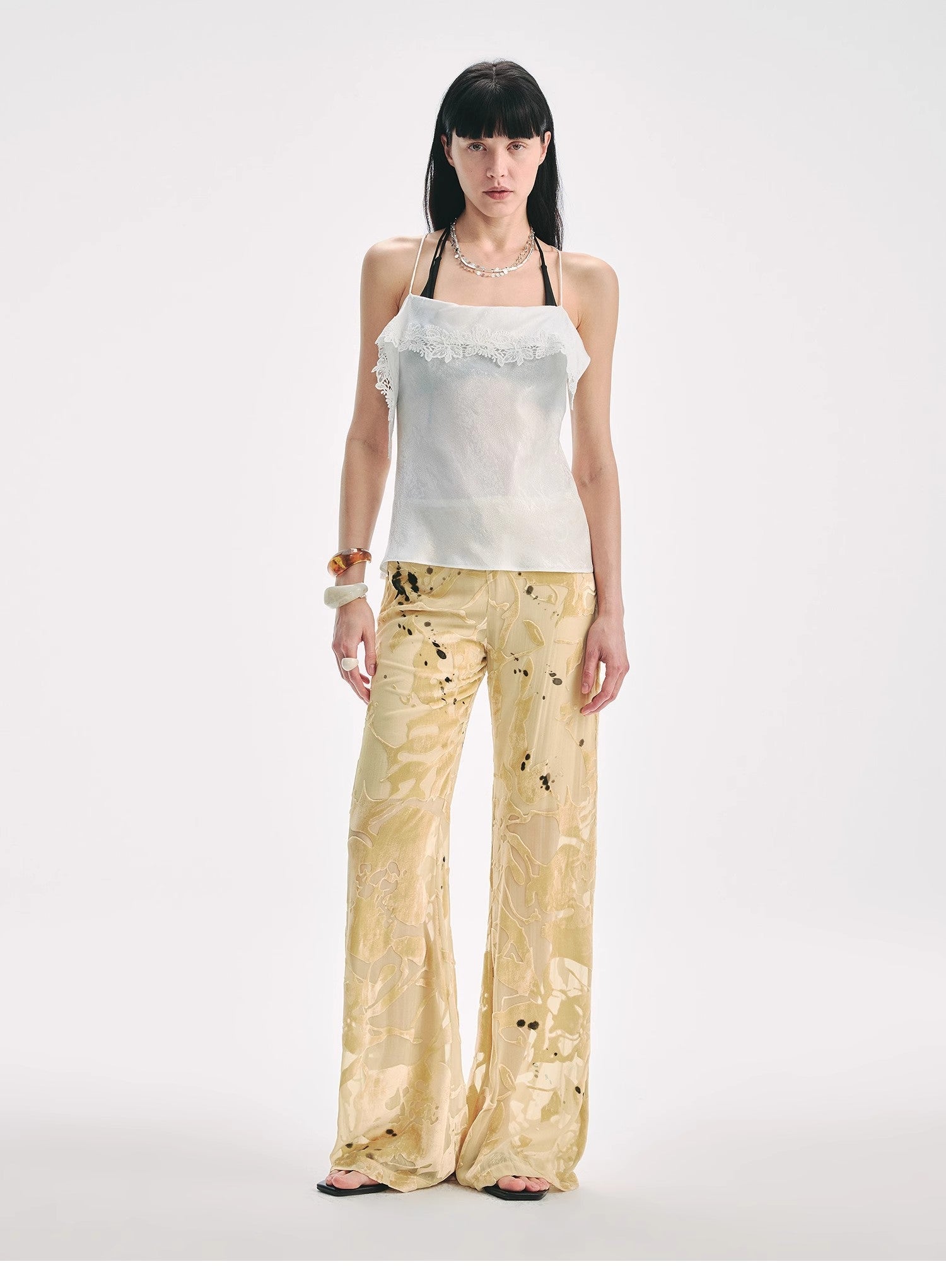 Retro Ink-Splashed Silk Flared Casual Pants "Gilded Age"-0