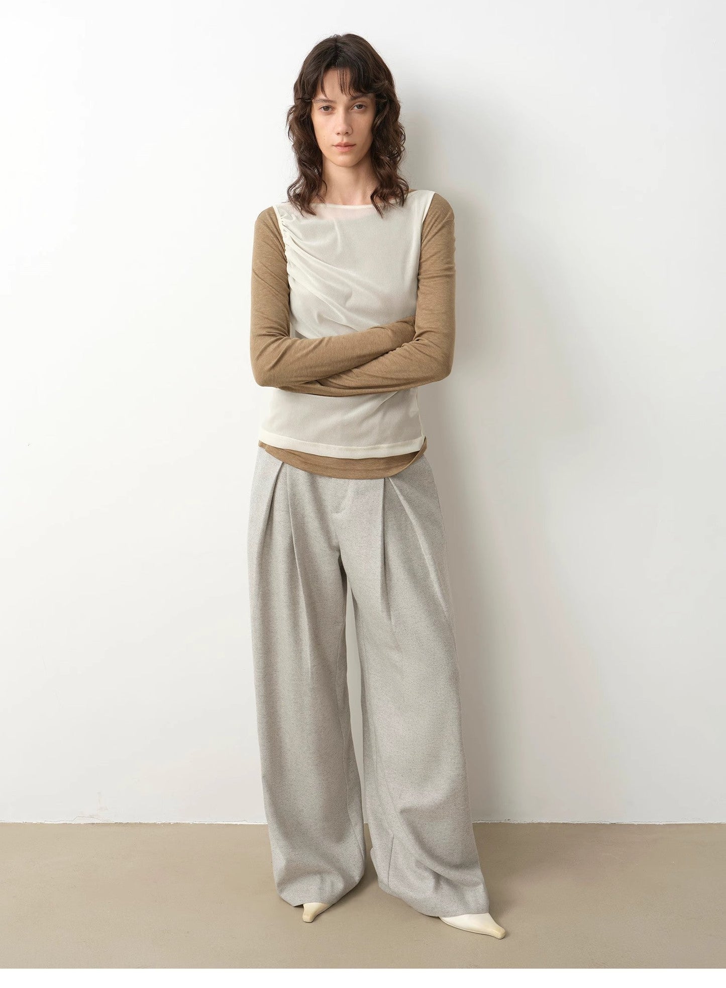 "City Stroll" casual and relaxed wool-blend double-pleated straight draped wide-leg casual trousers for autumn-4