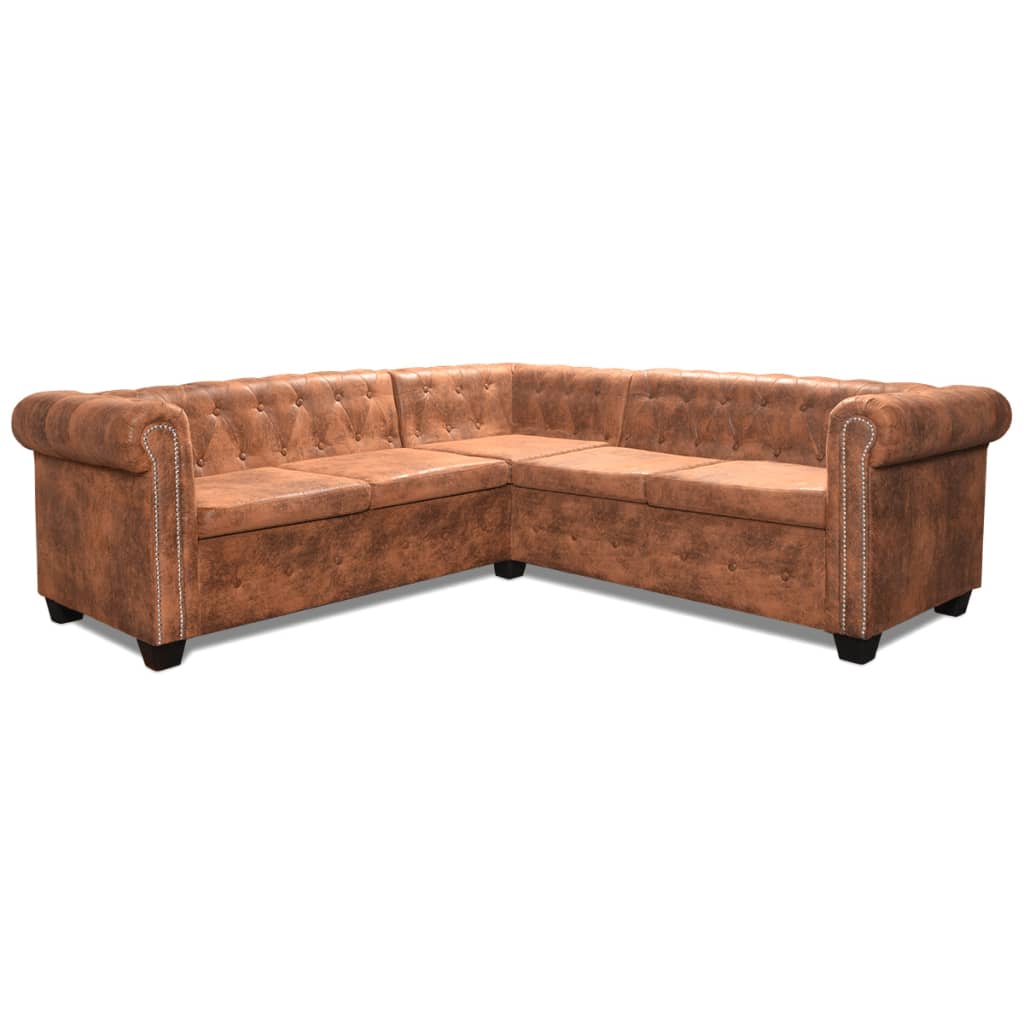 NNEVL Chesterfield Corner Sofa 5-Seater Artificial Leather Brown-2