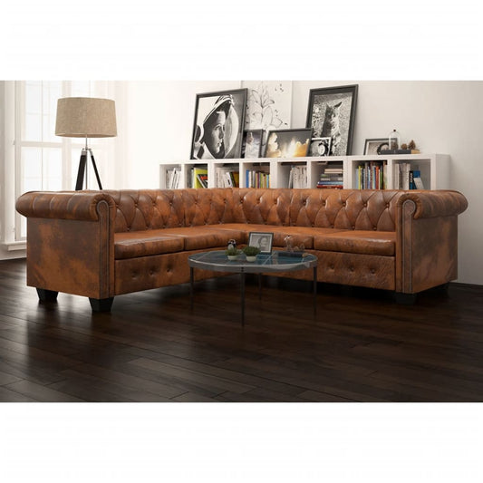 NNEVL Chesterfield Corner Sofa 5-Seater Artificial Leather Brown-0
