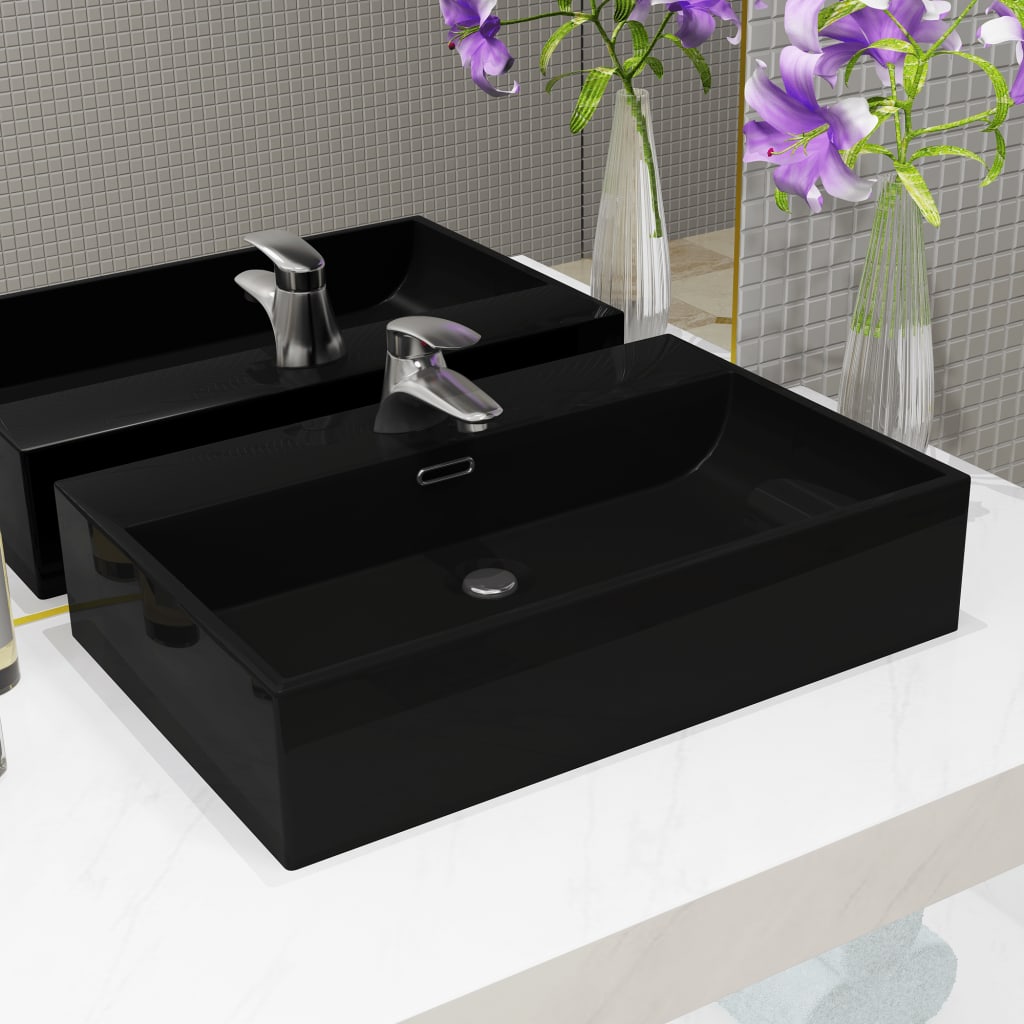 NNEVL Basin with Faucet Hole Ceramic Black 60.5x42.5x14.5 cm-0