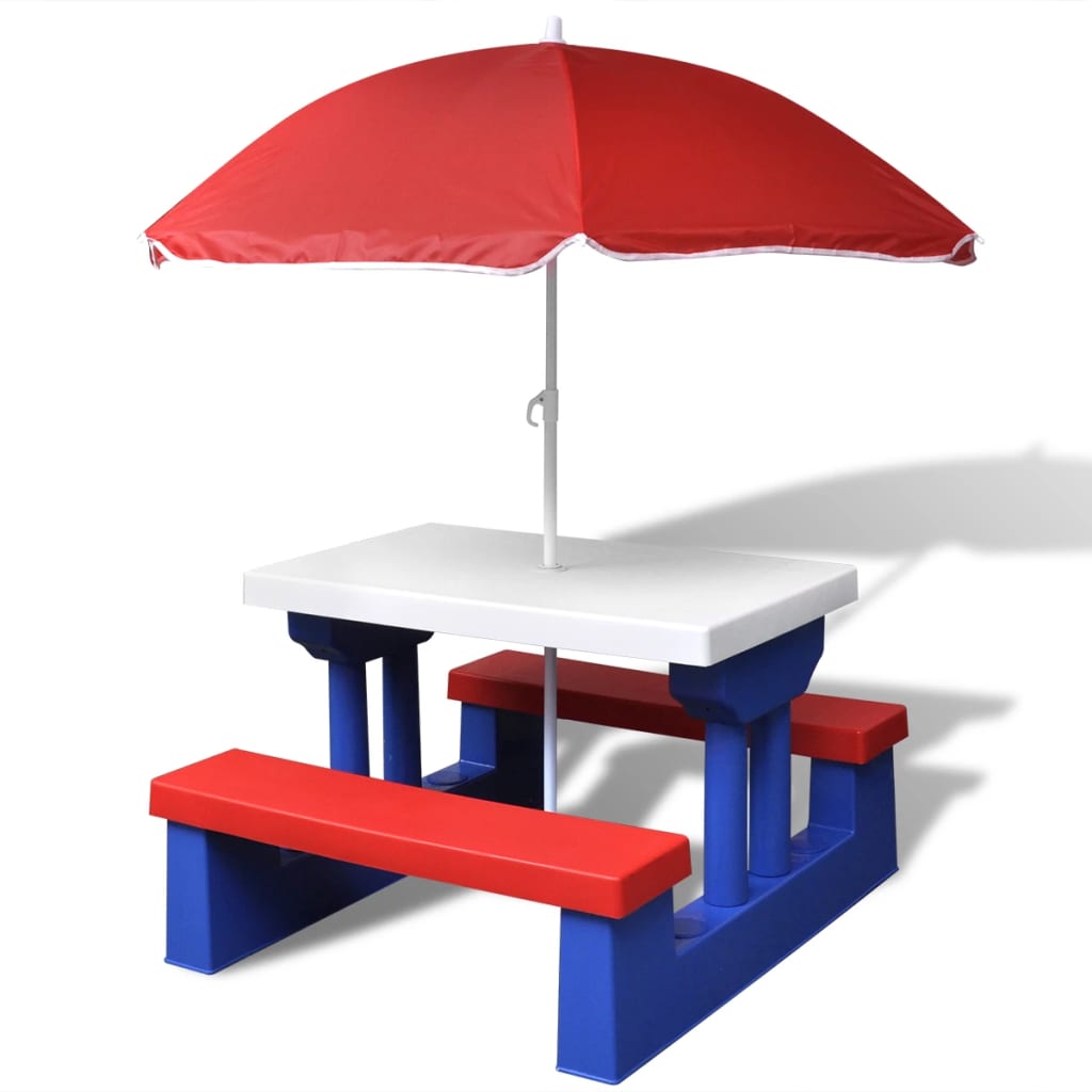 NNEVL Kids' Picnic Table with Benches and Parasol Multicolour-0