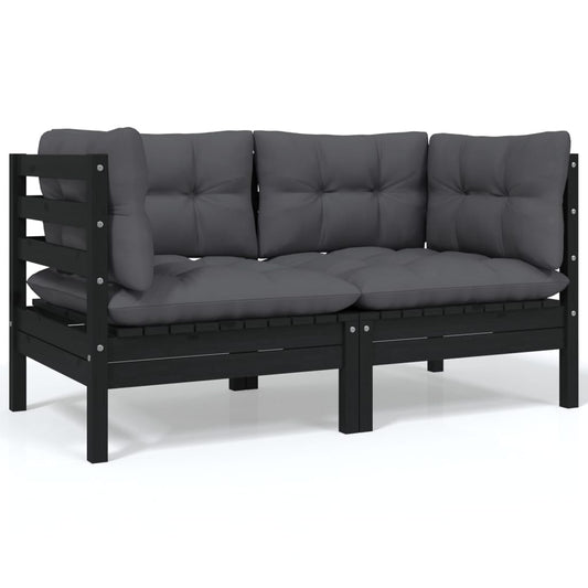 NNEVL 2-Seater Garden Sofa with Cushions Black Solid Pinewood-0
