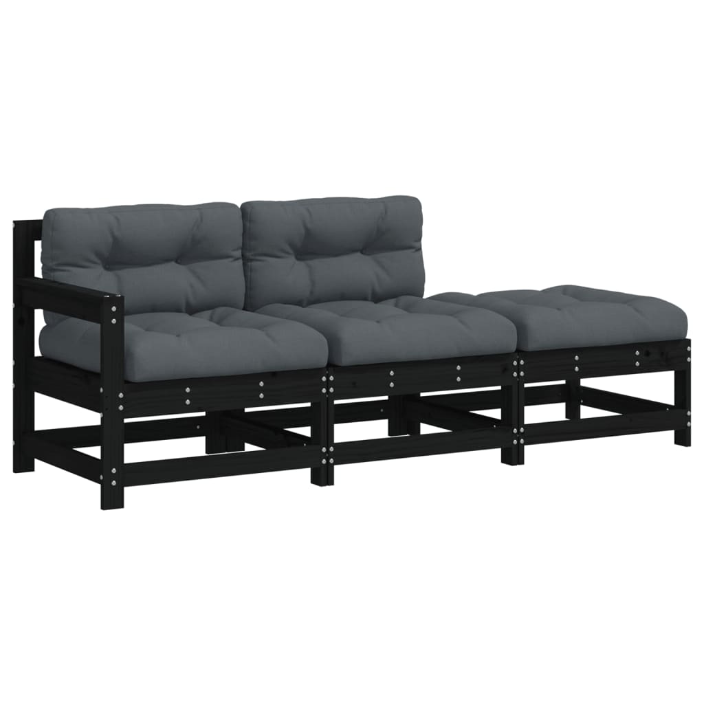 NNEVL 3 Piece Garden Lounge Set with Cushions Black Solid Wood-1