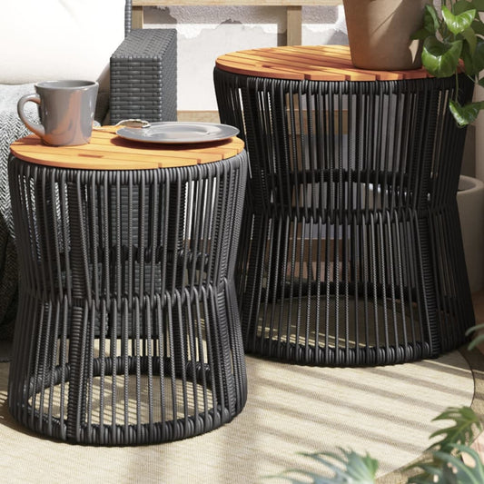 NNEVL Garden Side Tables 2 pcs with Wooden Top Black Poly Rattan-0