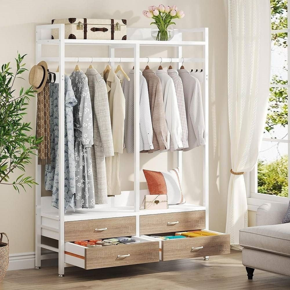 Freestanding White Oak Garment Rack Clothes Hanging Rod with 4 Storage Drawers-2