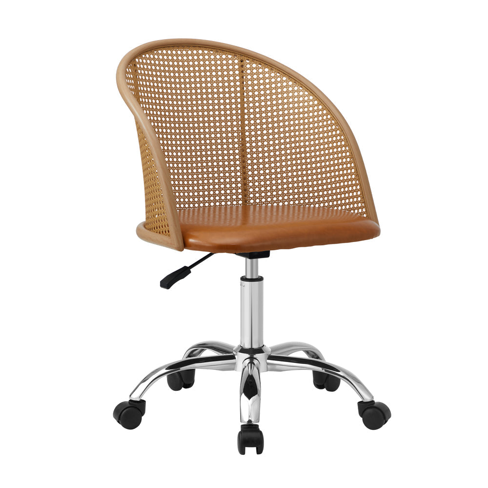 NNEED Rattan Office Chair PU Leather Seat Light Brown-0