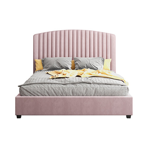 NNEDSZ Camelia Double Size Bed Frame Pink Velvet Upholstery High Headboard Quality Slats Metal Structure-1