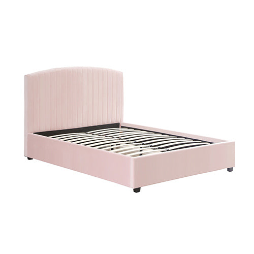 NNEDSZ Camelia Double Size Bed Frame Pink Velvet Upholstery High Headboard Quality Slats Metal Structure-2