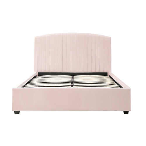 NNEDSZ Camelia Double Size Bed Frame Pink Velvet Upholstery High Headboard Quality Slats Metal Structure-3