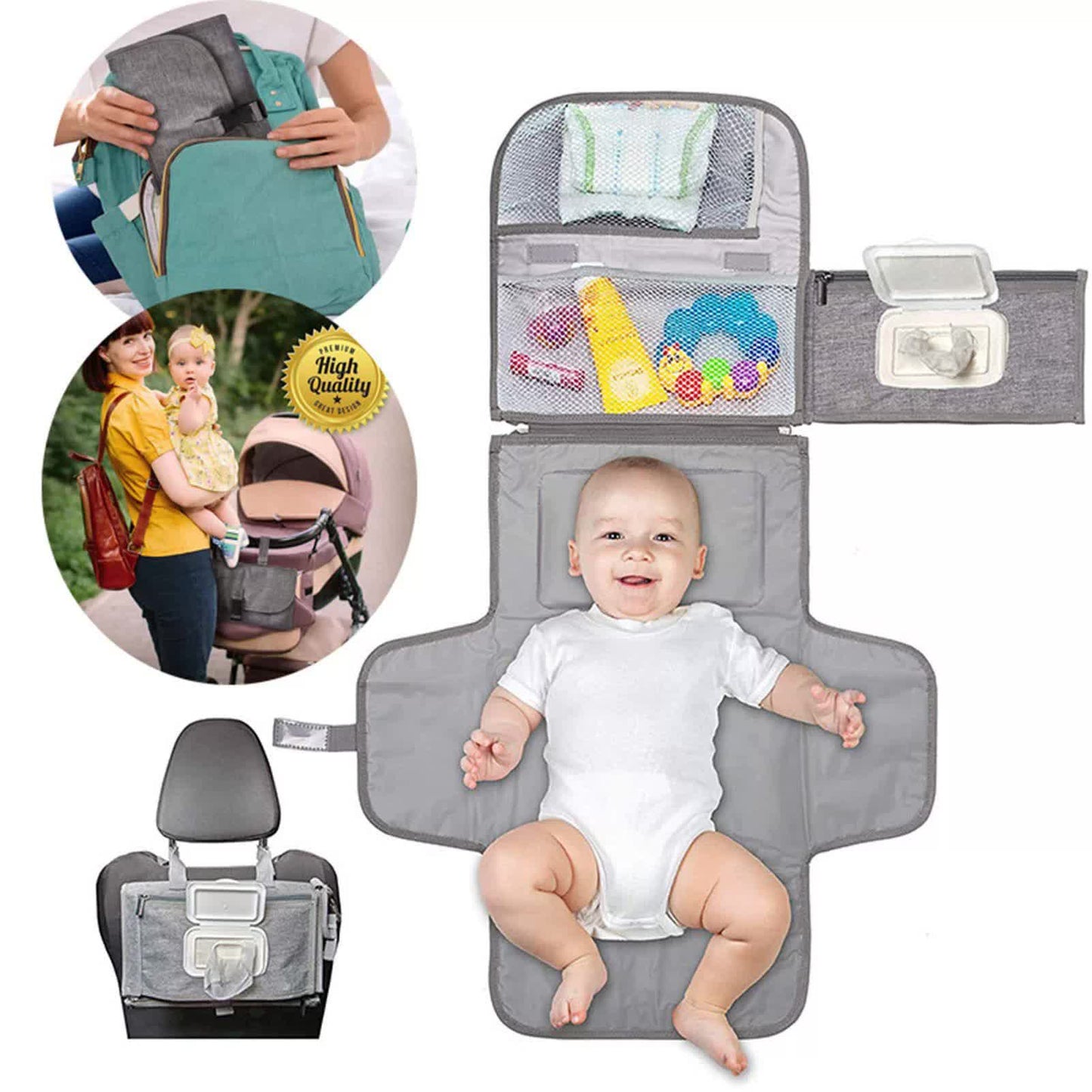 NNEDSZ Grey Portable Baby Diaper Changing Pad with Storage Pockets - Travel Essentials for Parents-0