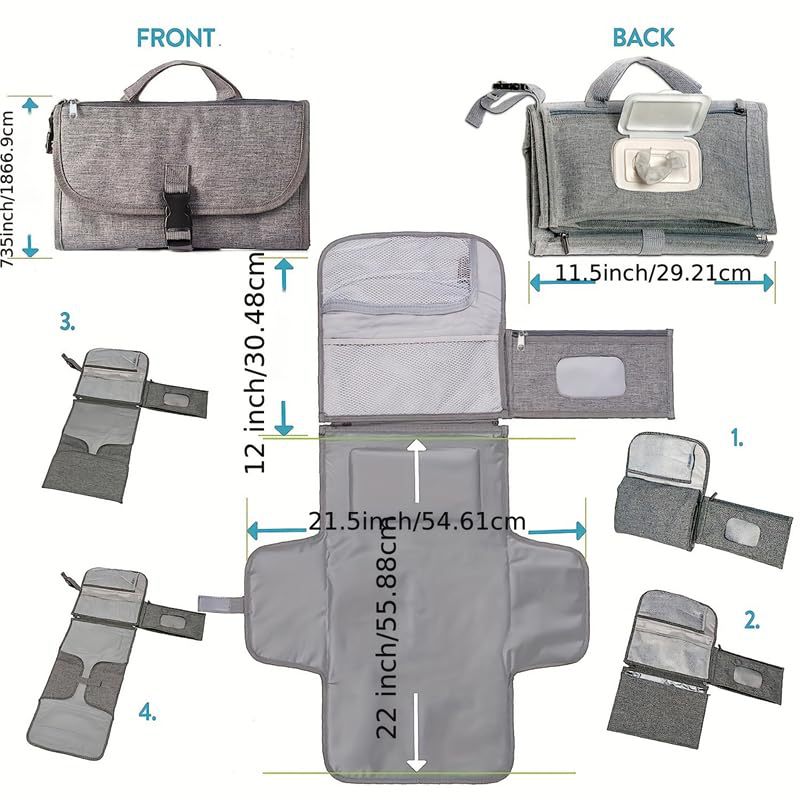 NNEDSZ Grey Portable Baby Diaper Changing Pad with Storage Pockets - Travel Essentials for Parents-2