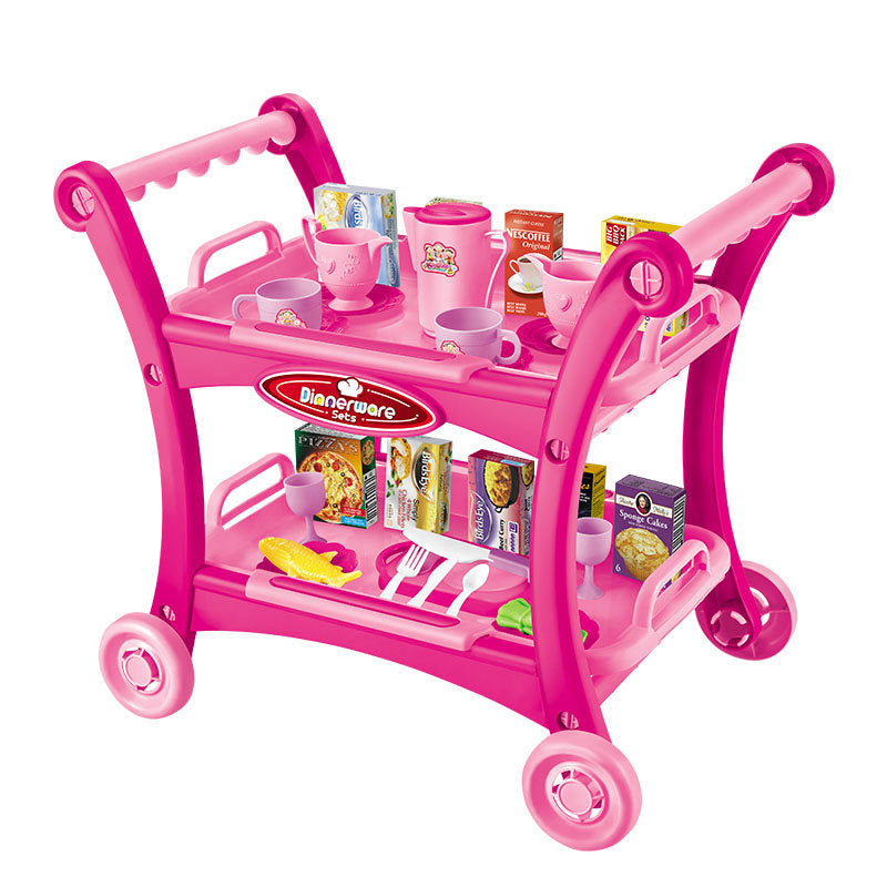 NNEDSZ Pink Children's Pretend Play Kitchen Cart Set with Toys - Roleplay Cooking Set with Accessories - Educational Toy for Kids-0