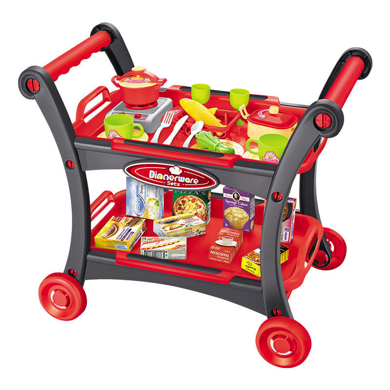 NNEDSZ Red Children's Pretend Play Kitchen Cart Set with Toys - Roleplay Cooking Set with Accessories - Educational Toy for Kids-0
