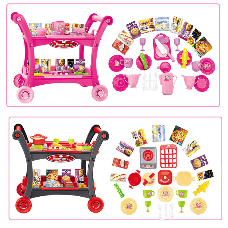 NNEDSZ Red Children's Pretend Play Kitchen Cart Set with Toys - Roleplay Cooking Set with Accessories - Educational Toy for Kids-2