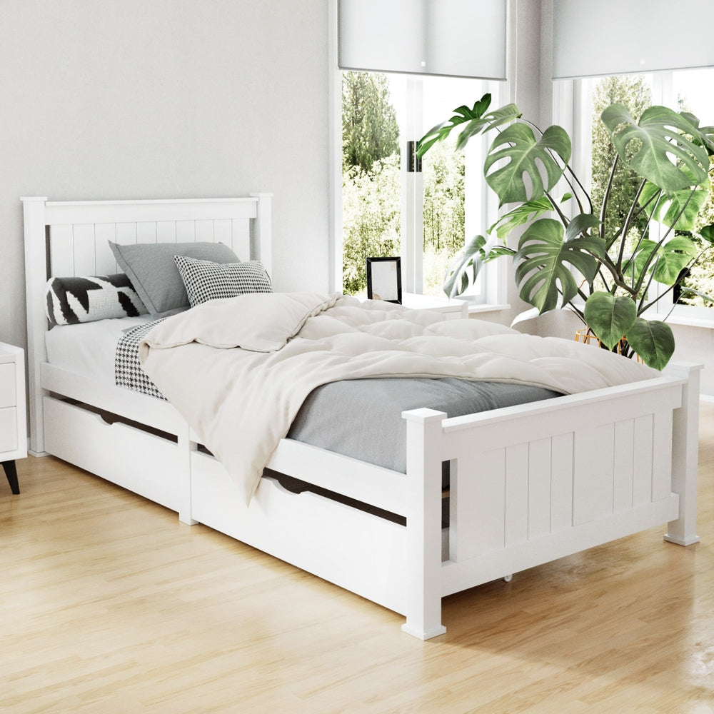 NNEDSZ Artiss Bed Frame Single Size Wooden with 2 Drawers White RIO-0