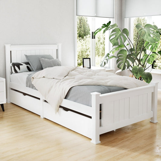 NNEDSZ Artiss Bed Frame Single Size Wooden with 2 Drawers White RIO-0