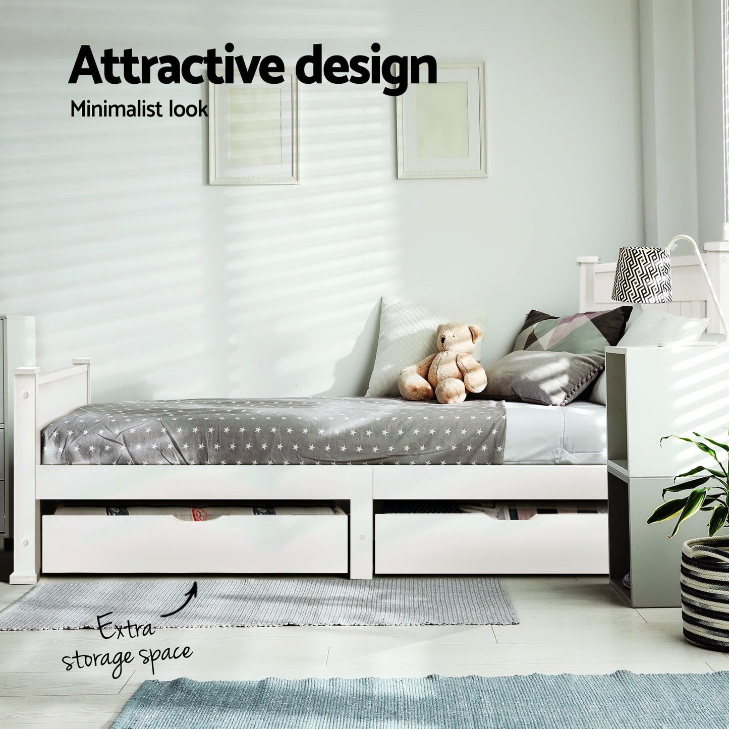 NNEDSZ Artiss Bed Frame Single Size Wooden with 2 Drawers White RIO-4