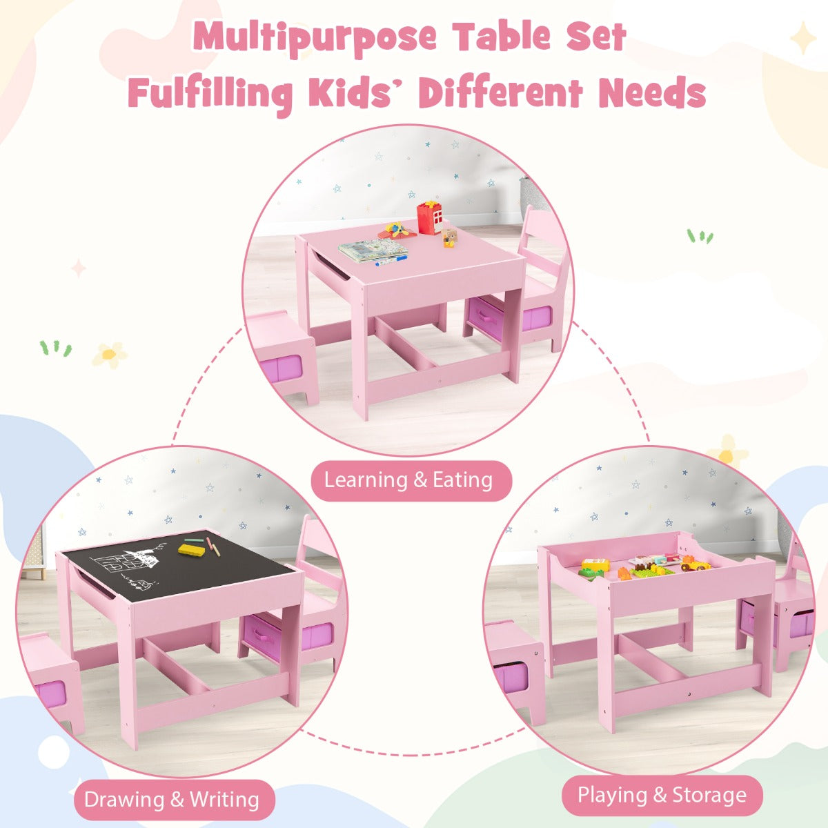 NNECW 3-In-1 Kids Multi Activity Table & 2 Chairs Set for Toddlers-2