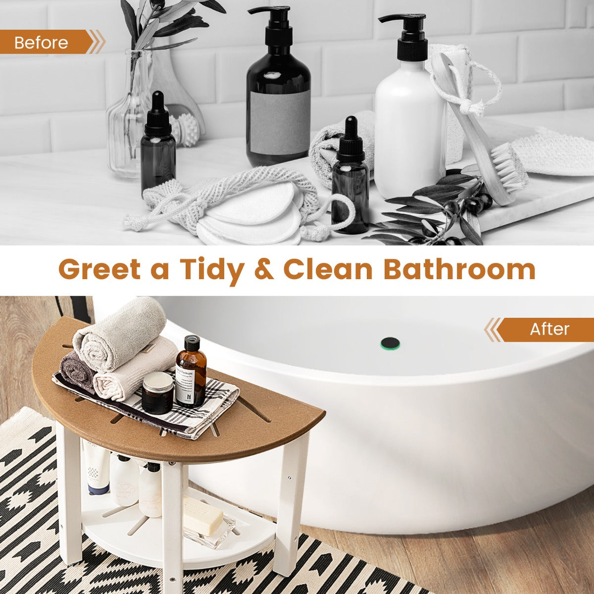 NNECW 2-Tier Shower Bench with Semicircular Seat & Storage Shelf-2