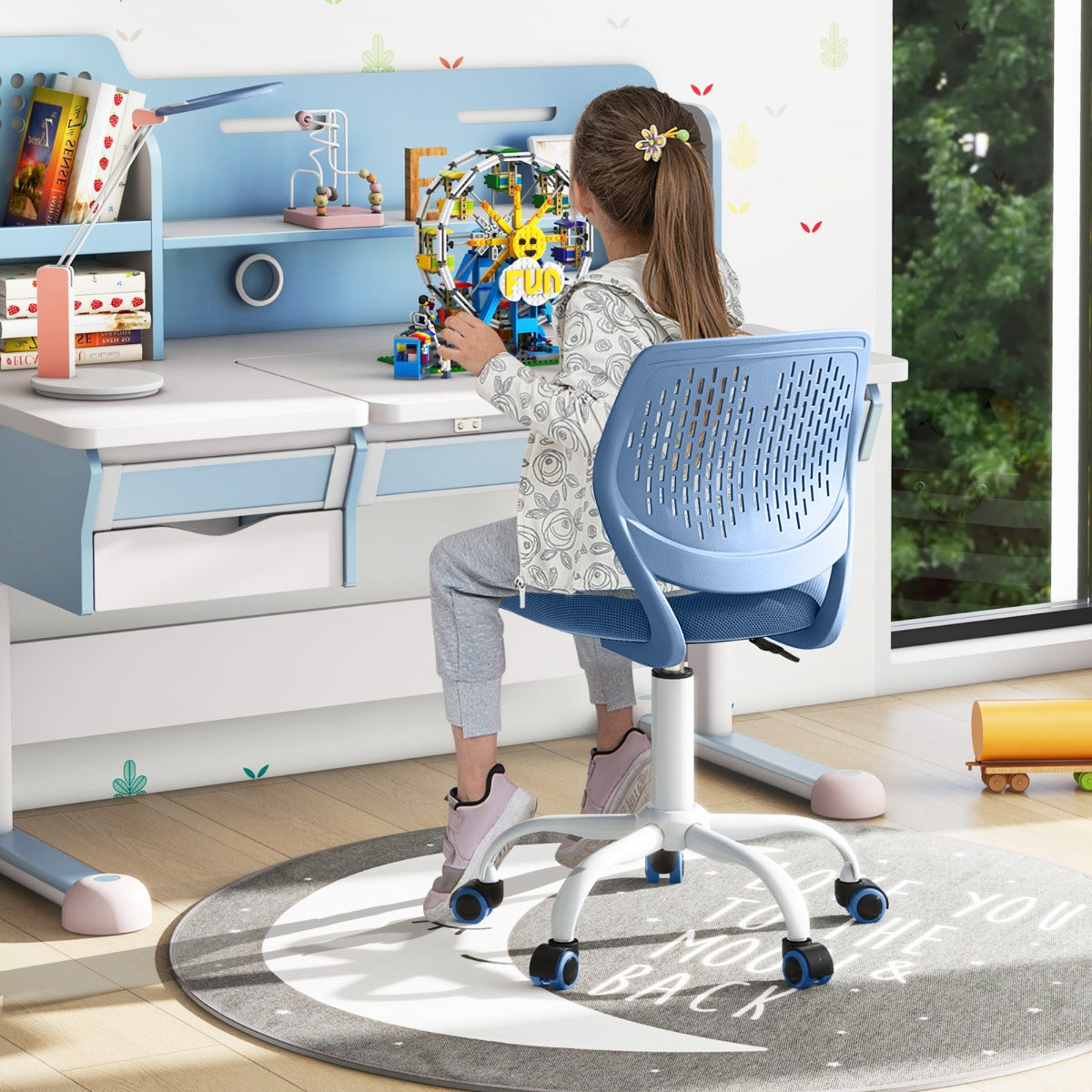 NNECW Adjustable Mid Back Children Study Chair with Adjustable Height for Office-Blue-0