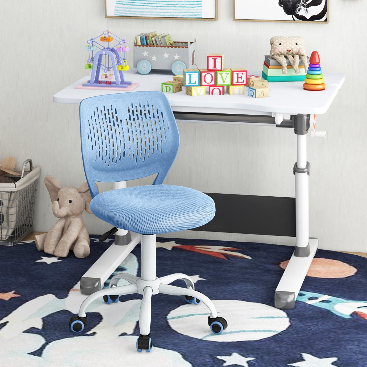 NNECW Adjustable Mid Back Children Study Chair with Adjustable Height for Office-Blue-4