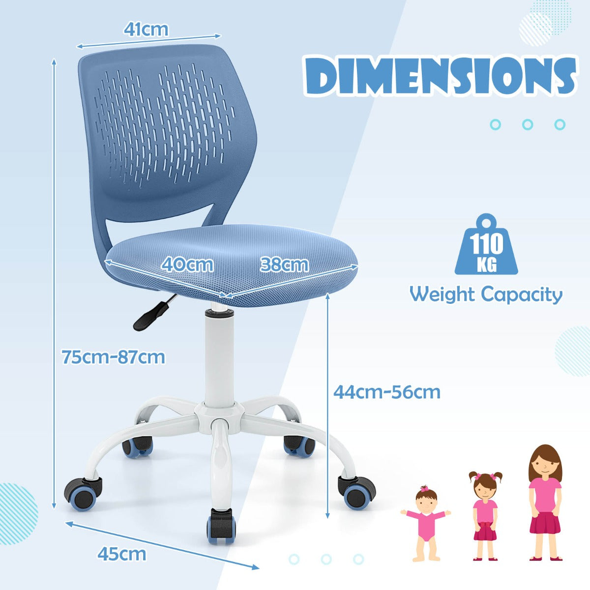 NNECW Adjustable Mid Back Children Study Chair with Adjustable Height for Office-Blue-3