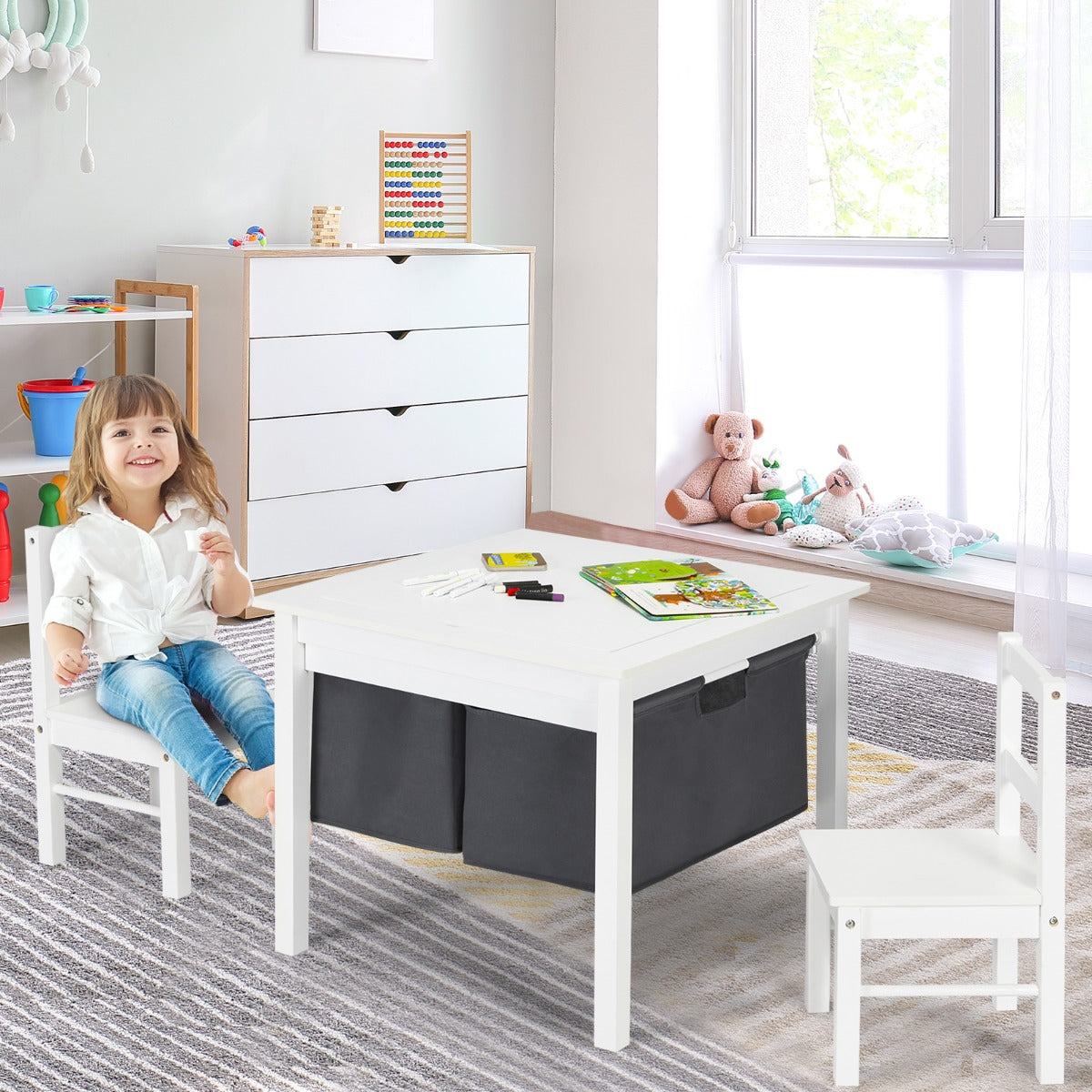 NNECW 2-in-1 Kids Activity Table and Chair Set with Storage-White-0