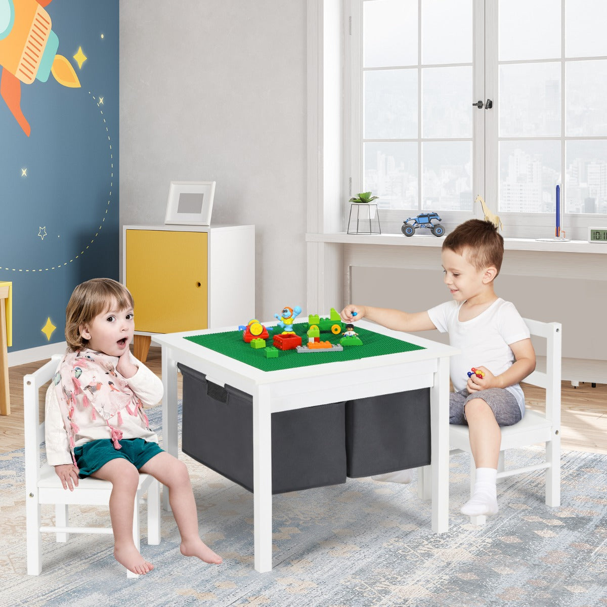 NNECW 2-in-1 Kids Activity Table and Chair Set with Storage-White-4