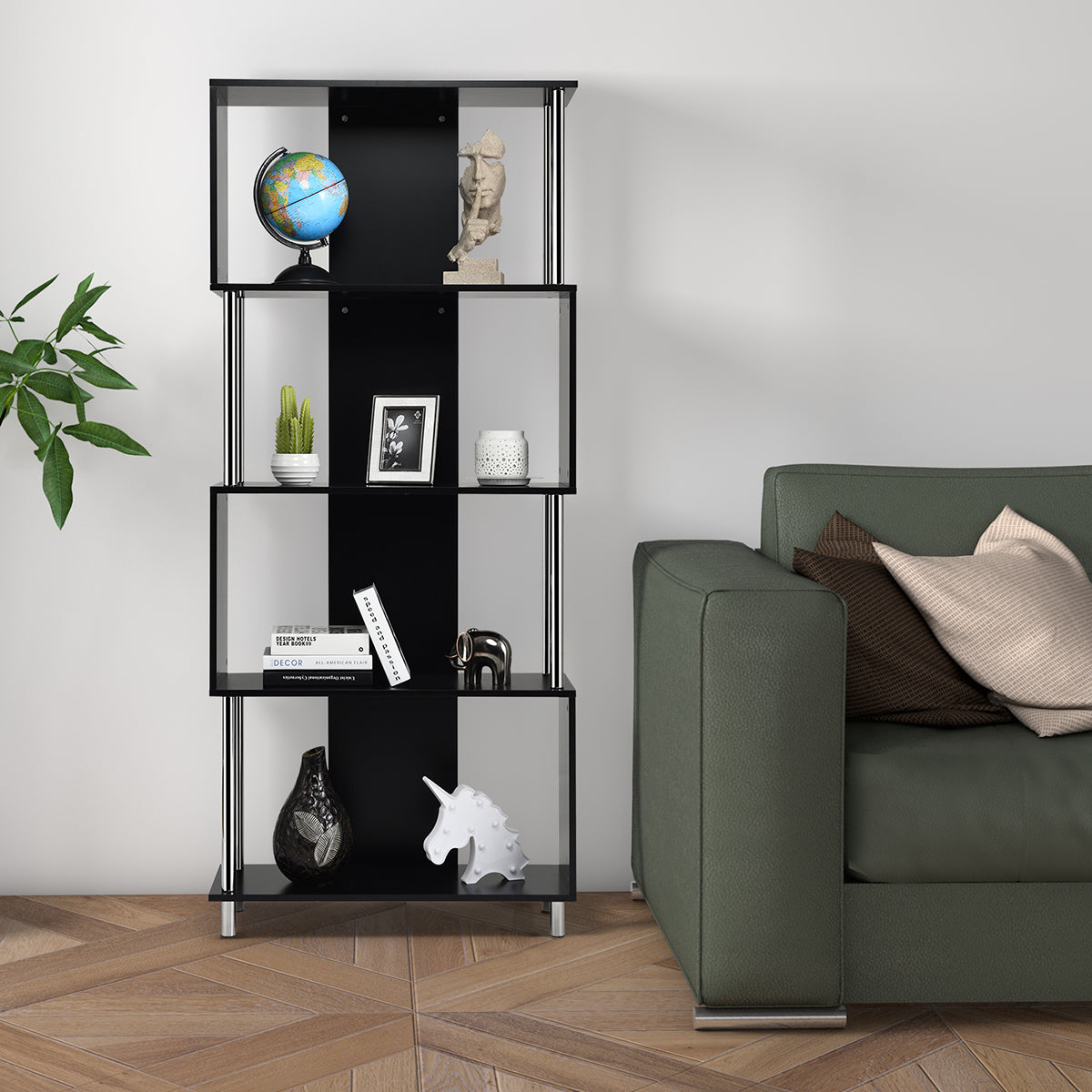 NNECW Standing Shelf with 4 Shelves &amp Metal Frame for Living Room &amp Office &amp Bedroom-Black-0