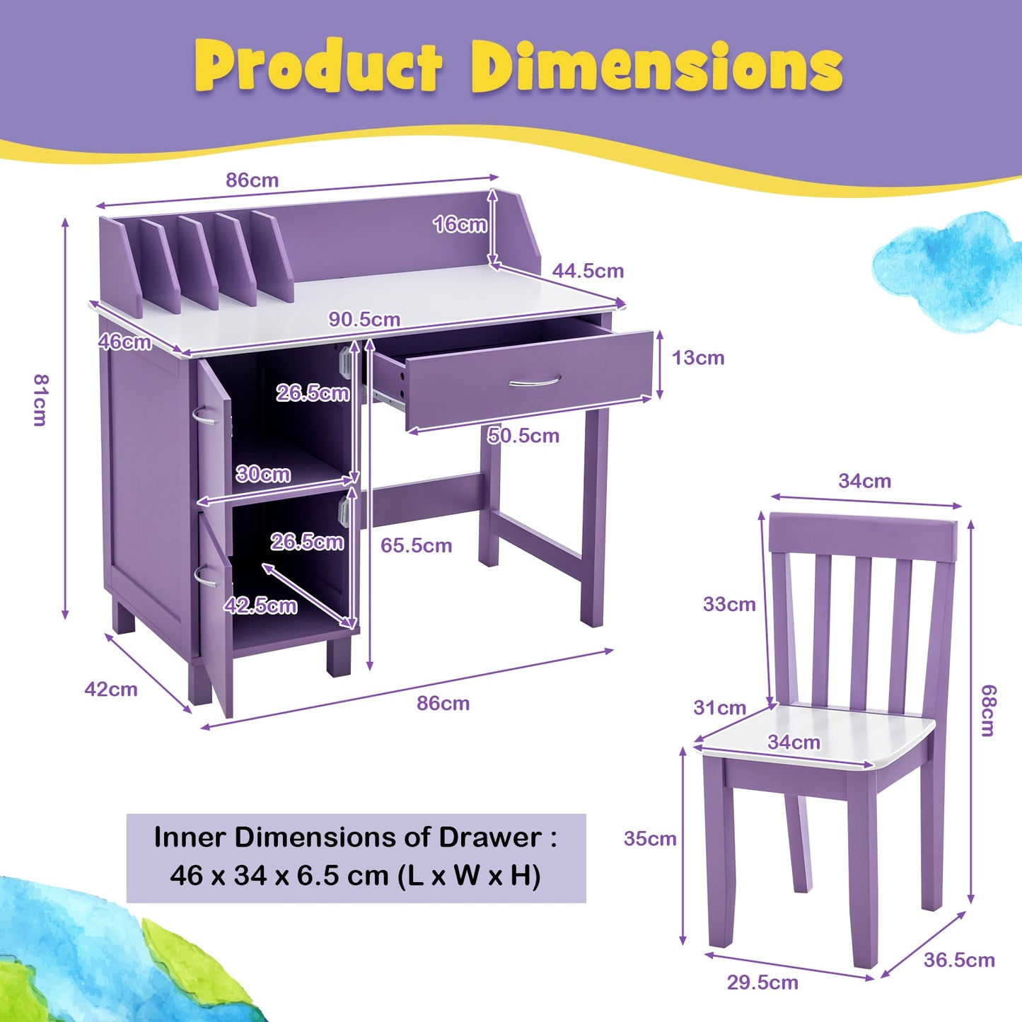 NNECW Kids Learning Desk &amp;amp; Chair Set  for Bedroom &amp;amp; Study Room-Purple-3