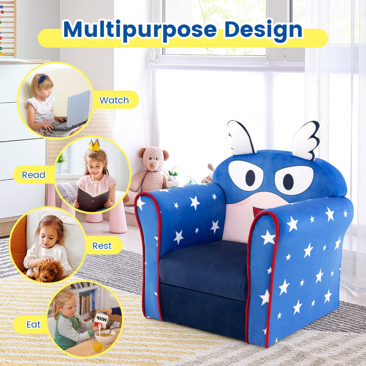 NNECW Kids Upholstered Armchair with Cute Cartoon Pattern for 0-5 Years-Navy-4