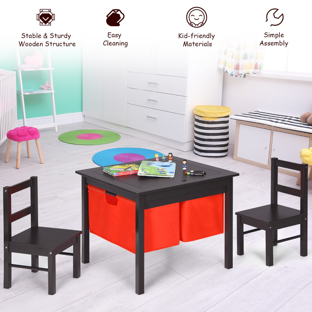 NNECW 2-in-1 Kids Activity Table and Chair Set with Storage-Coffee-2