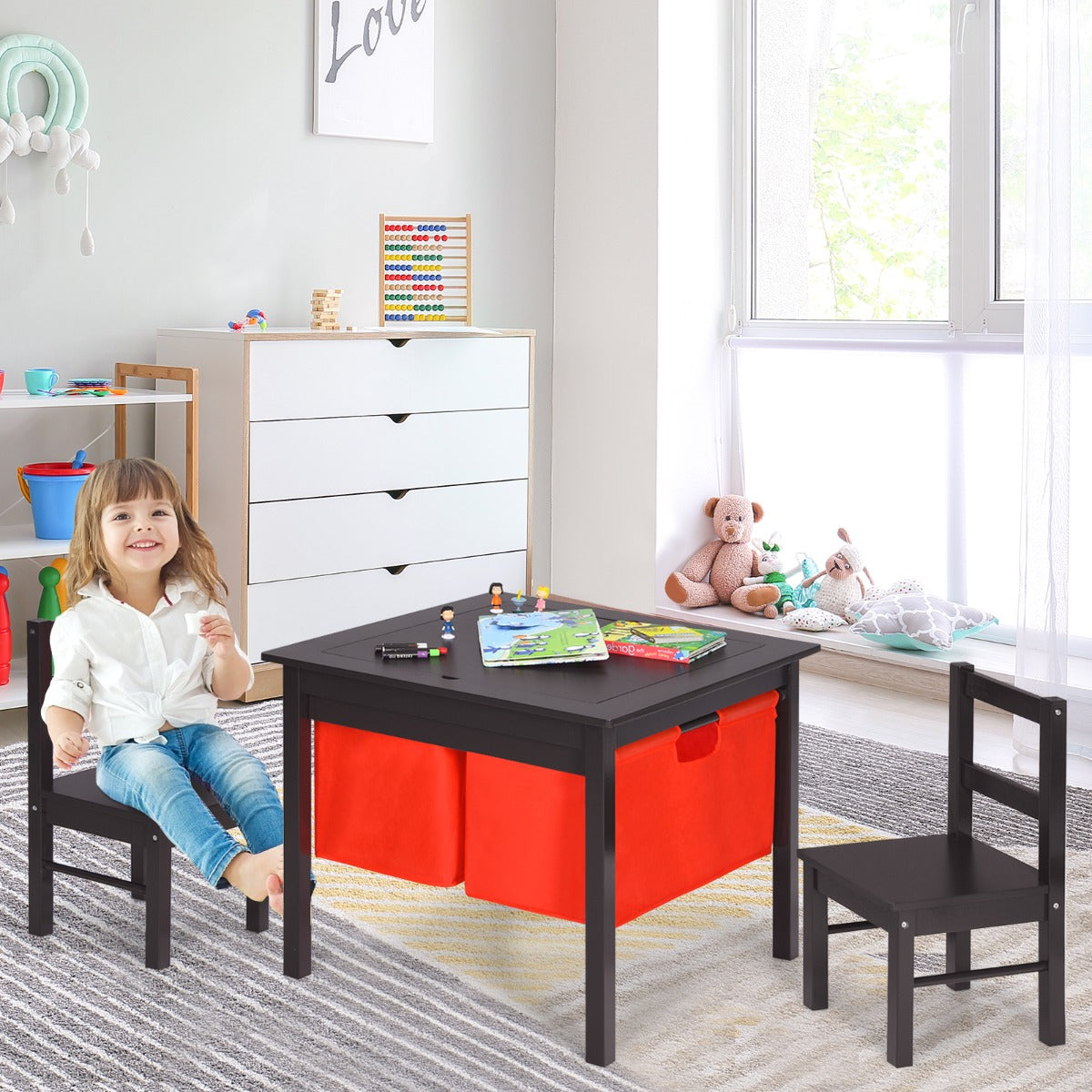 NNECW 2-in-1 Kids Activity Table and Chair Set with Storage-Coffee-4