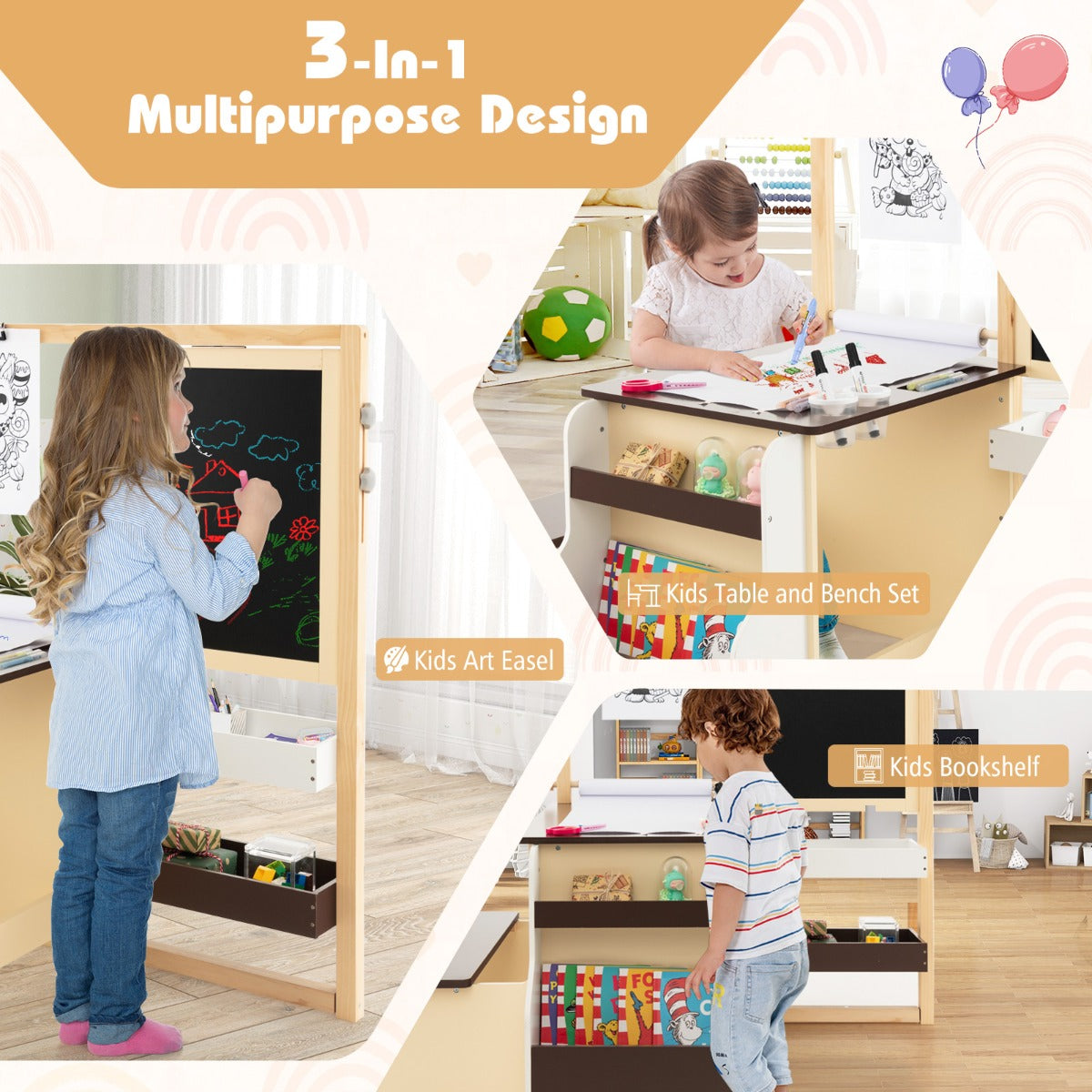 NNECW Kids Art Table &amp; Bench Set with Double-Sided Adjustable Easel-Coffee-2