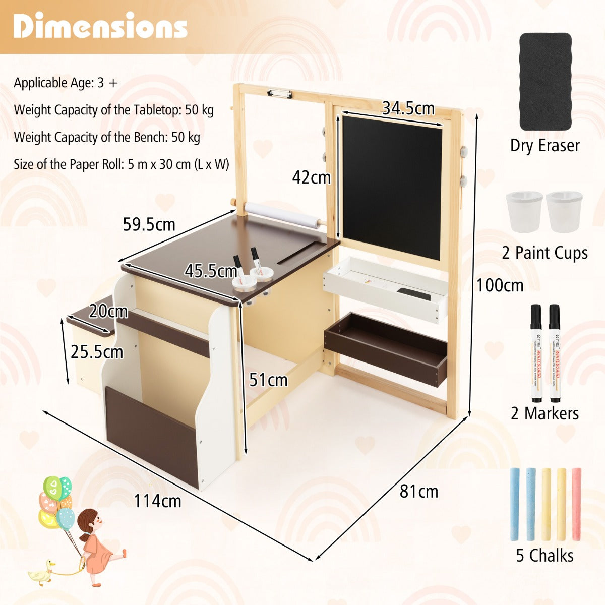 NNECW Kids Art Table &amp; Bench Set with Double-Sided Adjustable Easel-Coffee-3