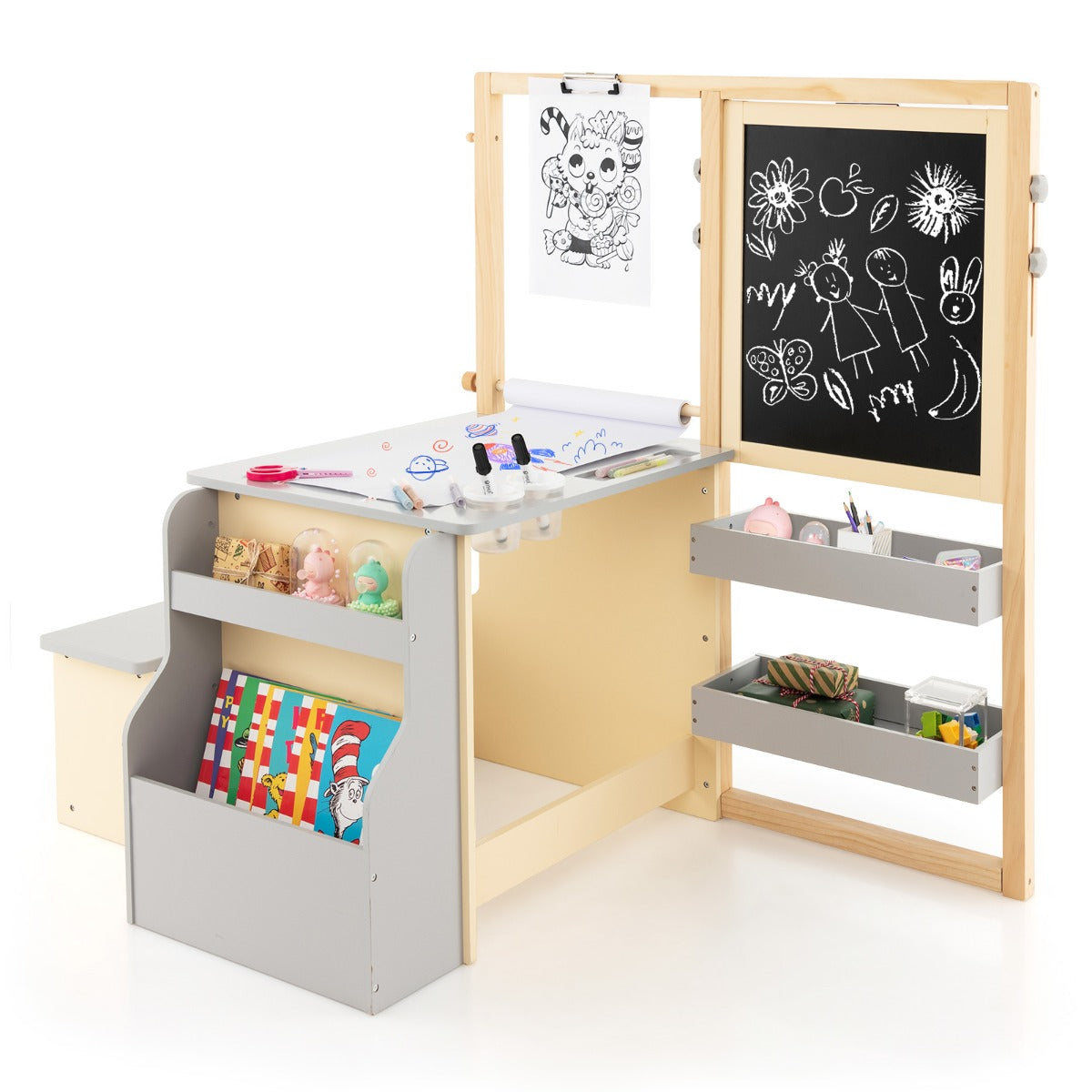 NNECW Kids Art Table &amp; Bench Set with Double-Sided Adjustable Easel-Grey-1