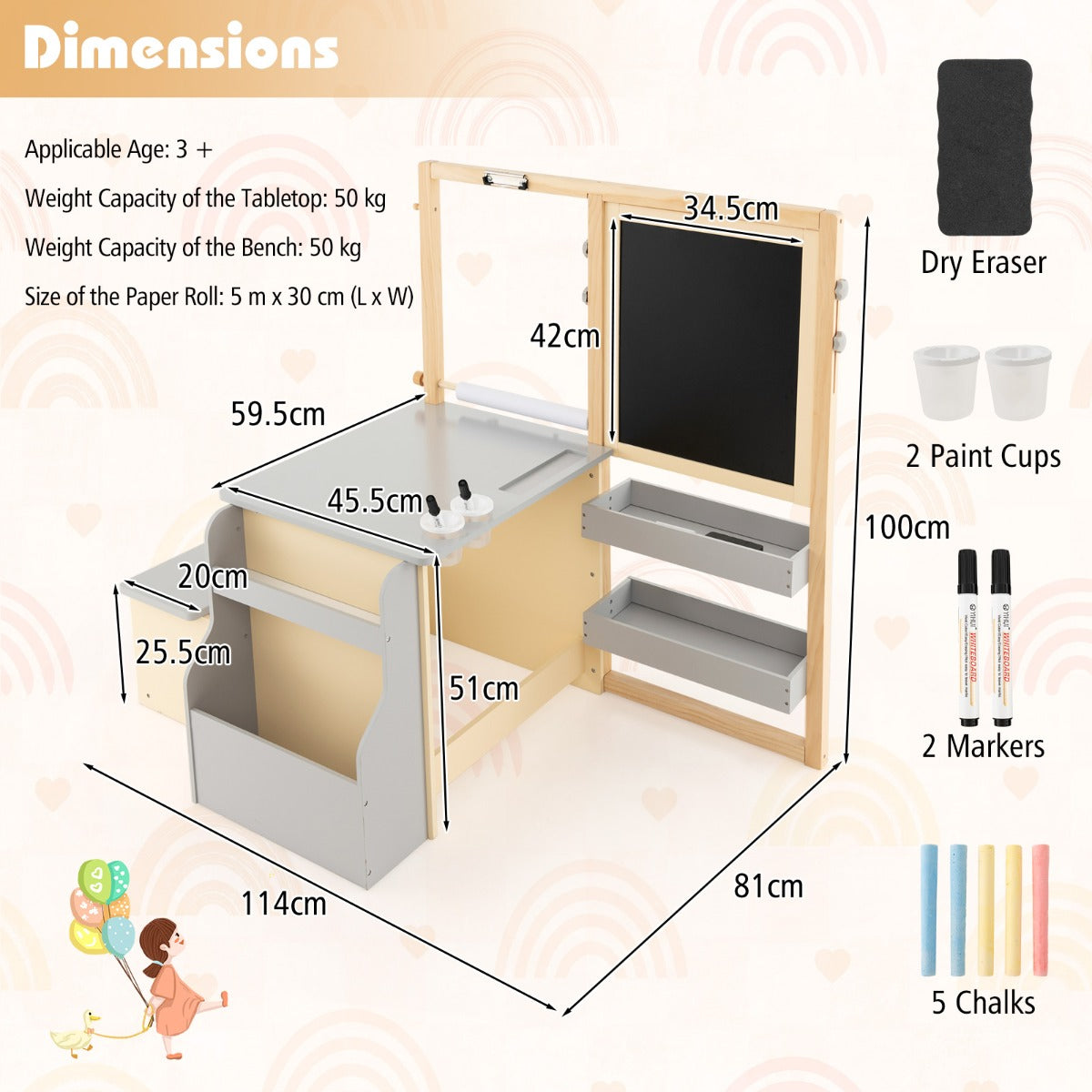 NNECW Kids Art Table &amp; Bench Set with Double-Sided Adjustable Easel-Grey-3