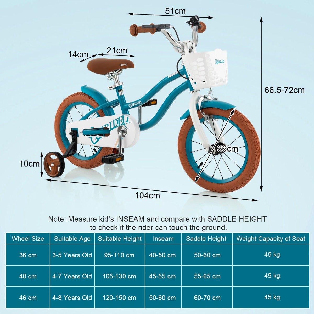 NNECW Kids Bike Adjustable with Handbrake and Basket for 3-5 Years Old-Turquoise-14 inches-2
