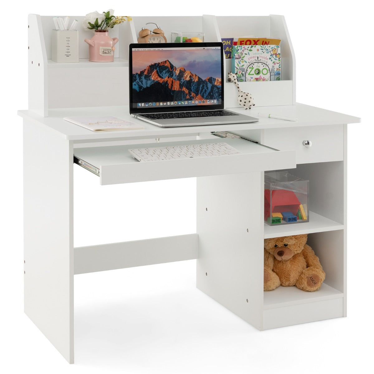 NNECW Kids Study Desk with Storage Shelves and Keyboard Tray-White-1