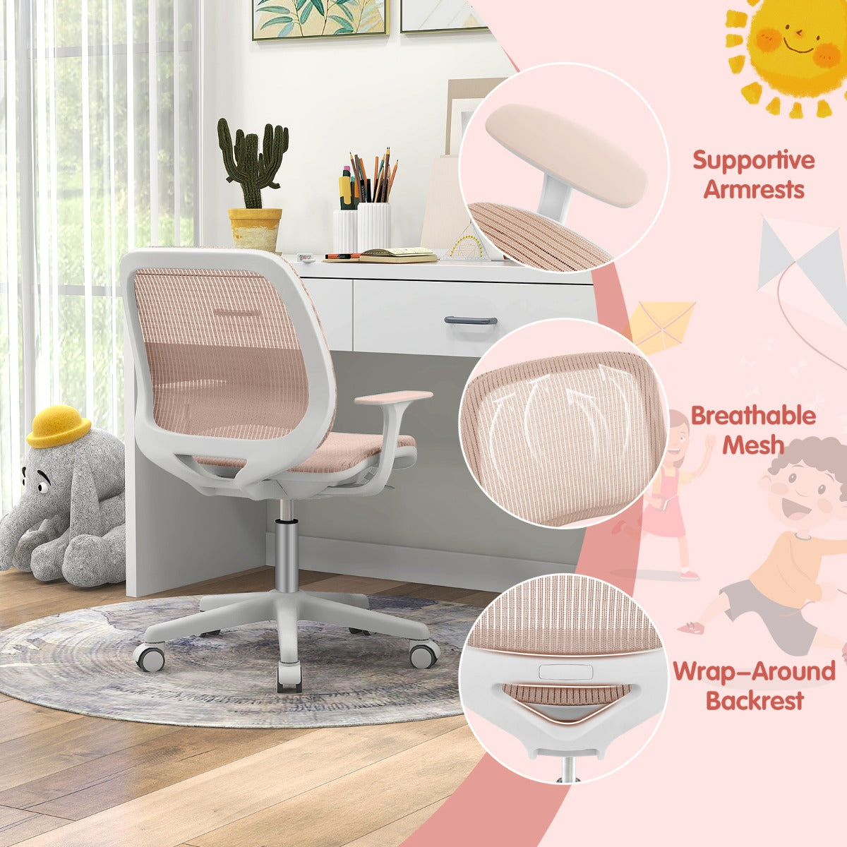 NNECW Kids Swivel Mesh Children Computer Chair with Adjustable Height-Pink-1