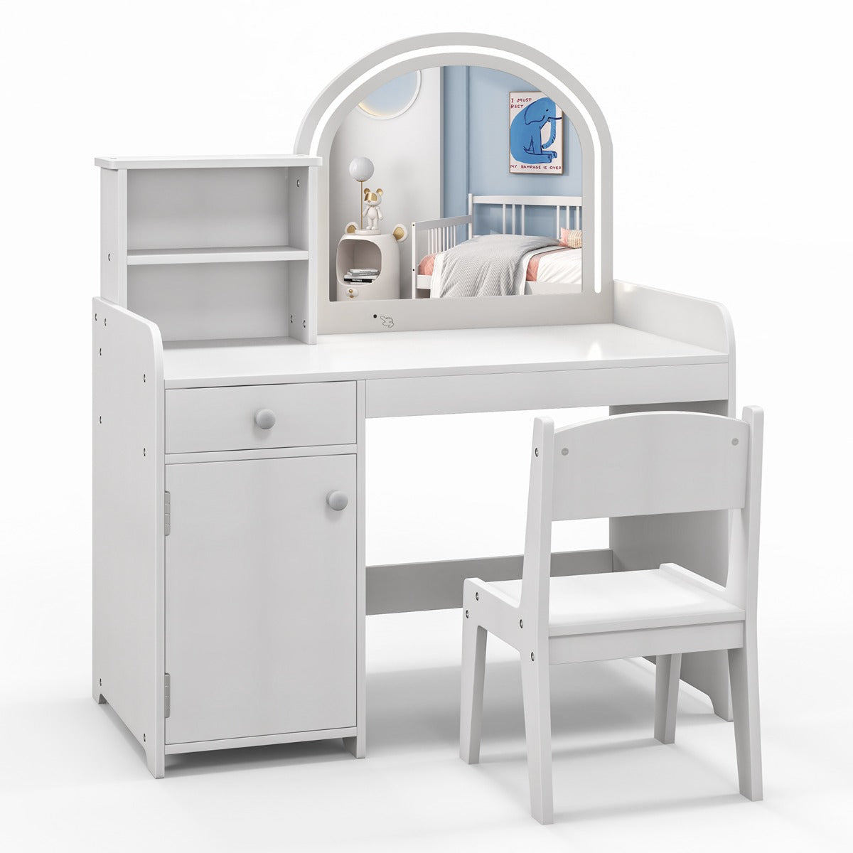 NNECW Makeup Table and Chair Set with Acrylic Mirror and 2-Colour LED Lights-White-1