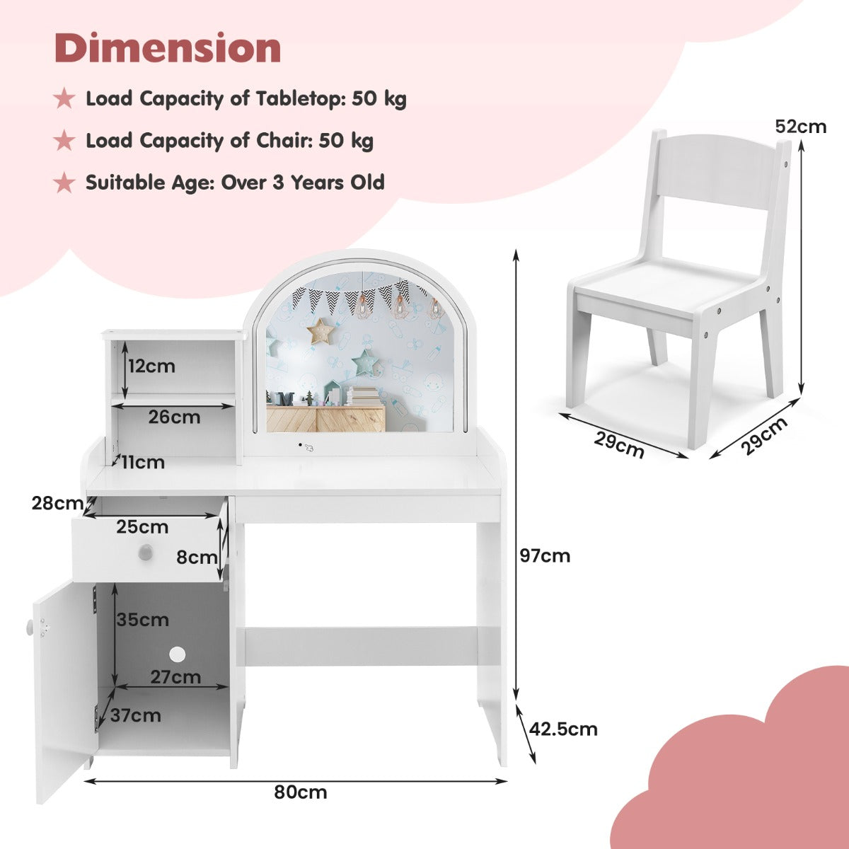 NNECW Makeup Table and Chair Set with Acrylic Mirror and 2-Colour LED Lights-White-3
